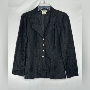 Vintage Francine Brower Black Lace Blazer Jacket Pearl Buttons Dark Romantic SzM